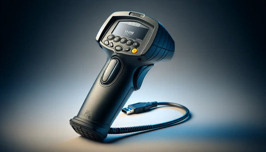 Close-up of a Symbol handheld barcode scanner wired USB solution for efficient data scanning.
