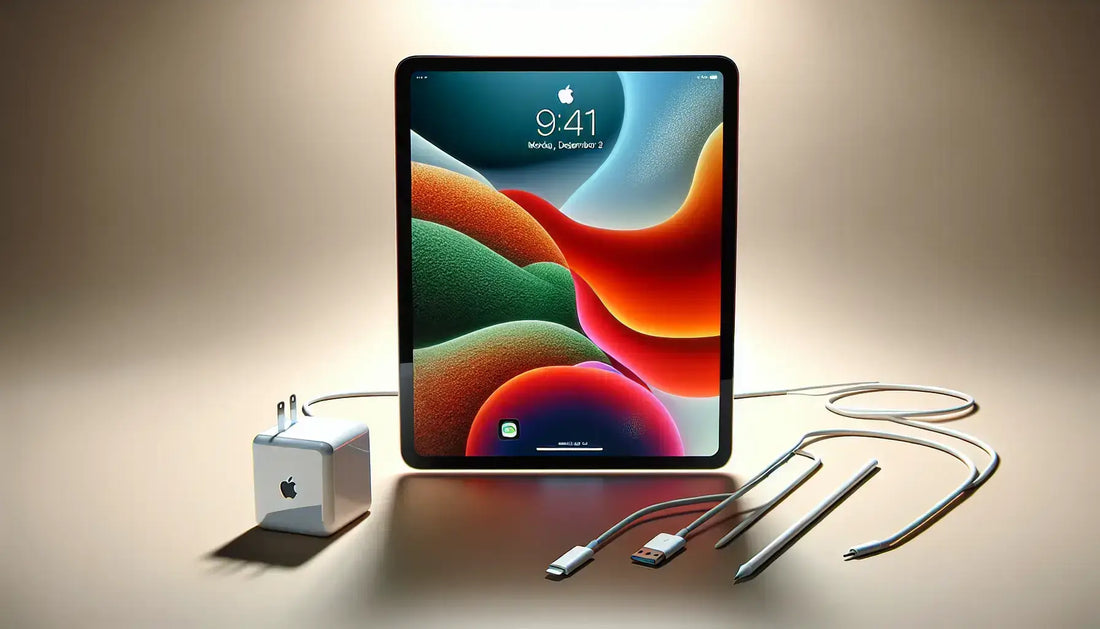 Apple iPad 8th generation with charger and accessories on a gradient background.