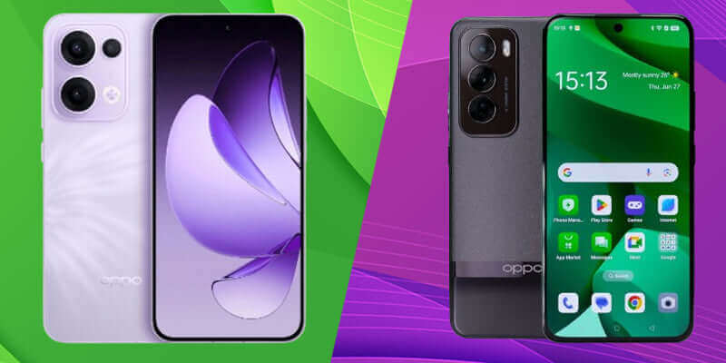 Oppo Reno13 and Reno13 Pro smartphones showcasing their designs and features on colorful background.