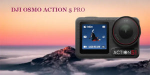 DJI Osmo Action 5 Pro camera on a scenic background with mountains at sunset.