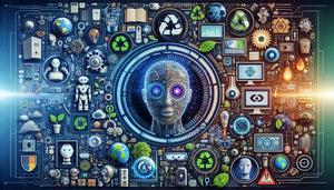 The Latest Technology Trends visualized with a robotic face and various tech symbols and elements.