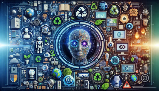 The Latest Technology Trends visualized with a robotic face and various tech symbols and elements.
