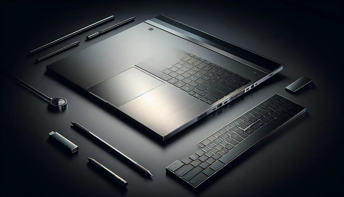 HP EliteBook 840 G8 Core i7 11th Gen 16GB with Arabic keyboard and accessories on a black background.