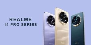 Realme 14 Pro series showcasing three smartphones in various colors against a light background.