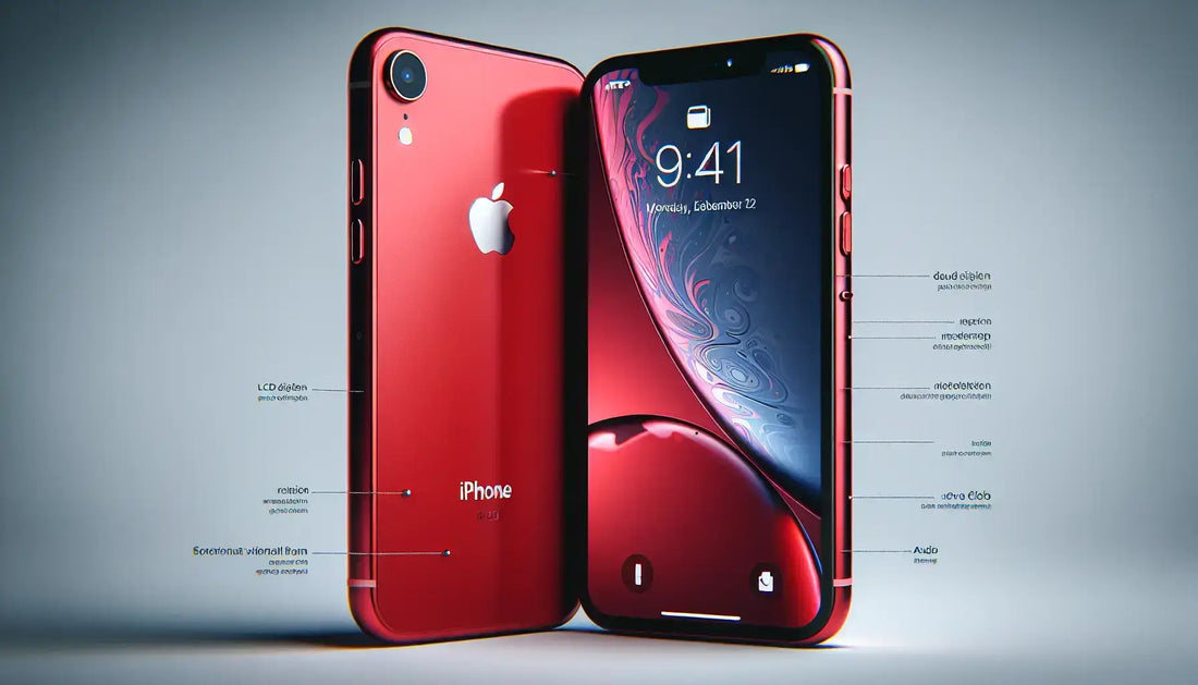 Apple iPhone XR displayed in red color showcasing its features and specifications.
