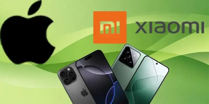 Xiaomi logo alongside Apple logo and smartphones, highlighting Xiaomi's rise in the mobile market.