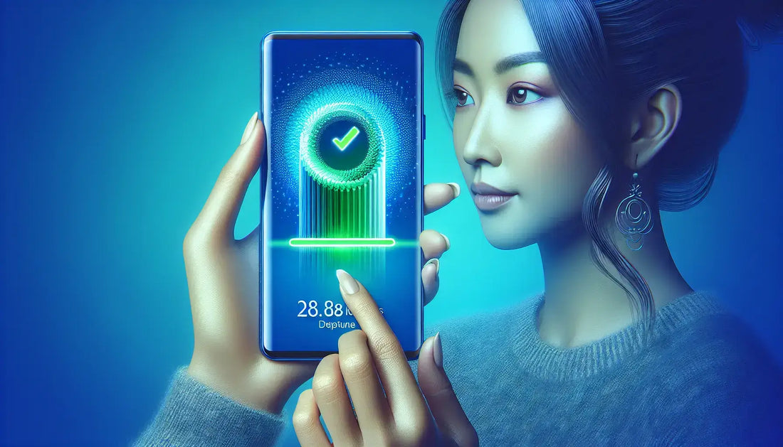 Honor's user examining software update features on a smartphone with a glowing checkmark display.