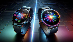 Apple smartwatches featuring colorful microLED displays showcasing vibrant graphics.