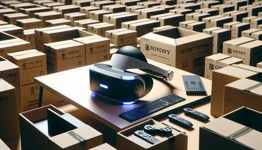 Sony Allegedly Halts PS VR2 with gaming headset and controllers in a warehouse full of boxes.