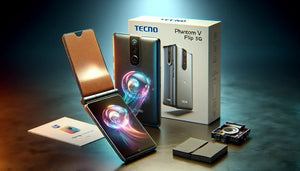Tecno Phantom V Flip 5G unboxing with the flip phone open and accessories displayed.