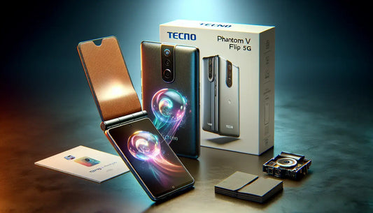 Tecno Phantom V Flip 5G unboxing with the flip phone open and accessories displayed.