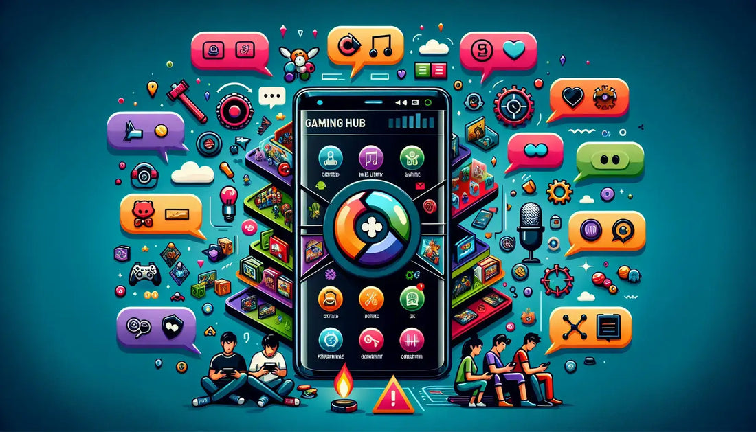 Samsung Rebrands the Game Launcher to Gaming Hub with vibrant app icons and gamers enjoying the new features.