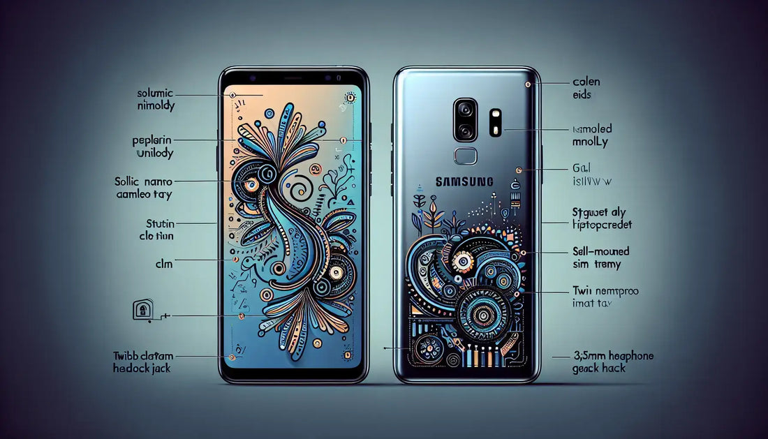 Samsung Galaxy A6+ showcasing artistic designs and features on the front and back of the smartphone.