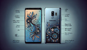 Samsung Galaxy A6+ showcasing artistic designs and features on the front and back of the smartphone.
