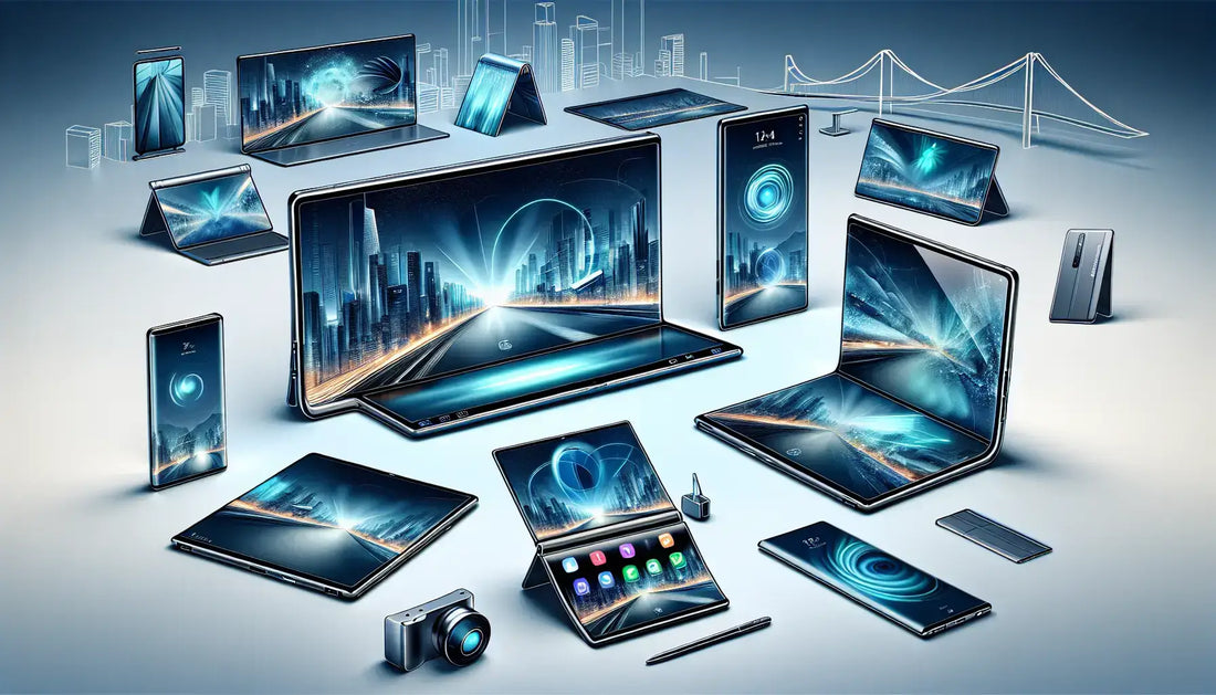 The Future of Samsung: A collection of innovative rollable and foldable OLED screens with futuristic designs.