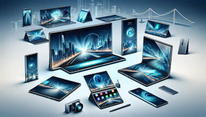 The Future of Samsung: A collection of innovative rollable and foldable OLED screens with futuristic designs.