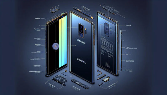 Samsung Galaxy S9 Plus design with specifications and features illustrated in blue background.