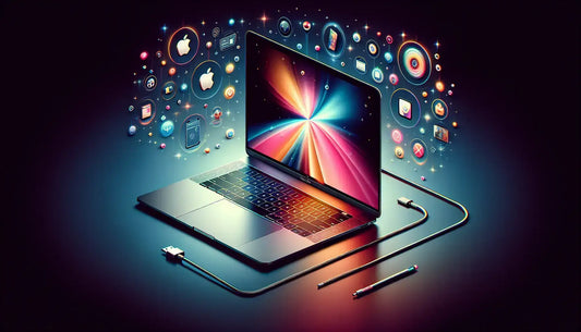 New Apple MacBook displaying vibrant graphics and connected accessories with colorful app icons surrounding it.
