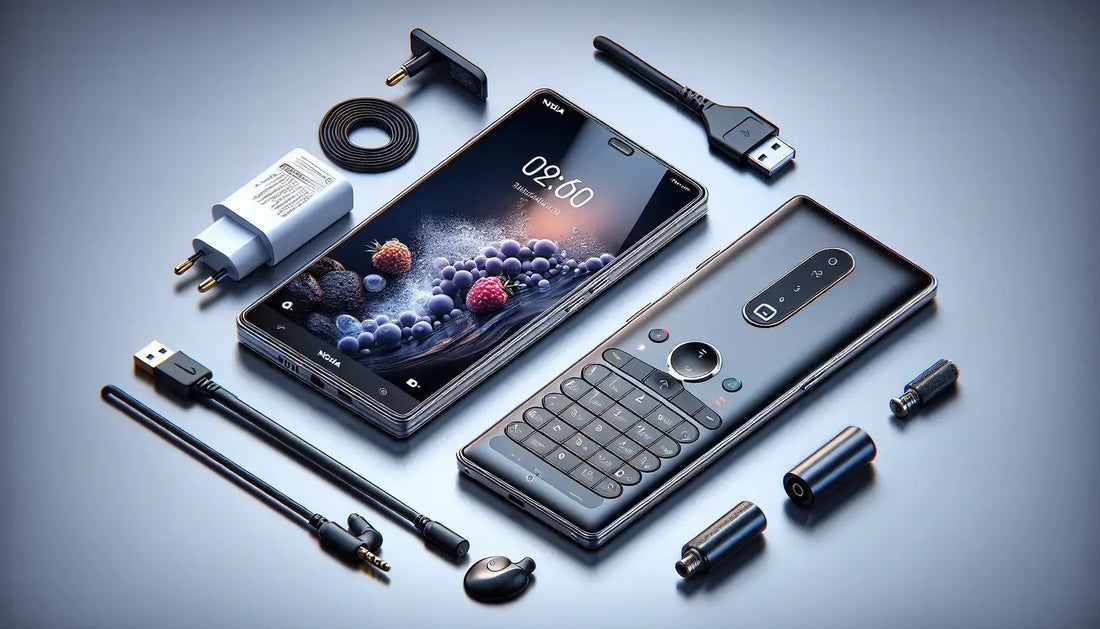 Nokia E52 smartphone with accessories including charger, USB cable, and audio components.