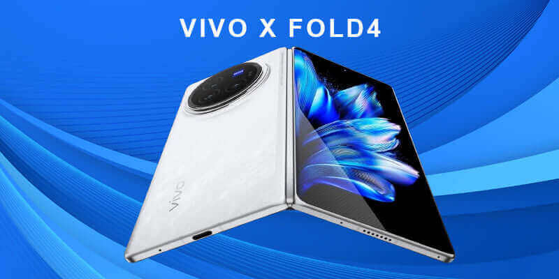 Vivo X Fold4 smartphone displayed at an angle against a blue background.
