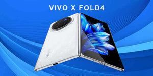 Vivo X Fold4 smartphone displayed at an angle against a blue background.