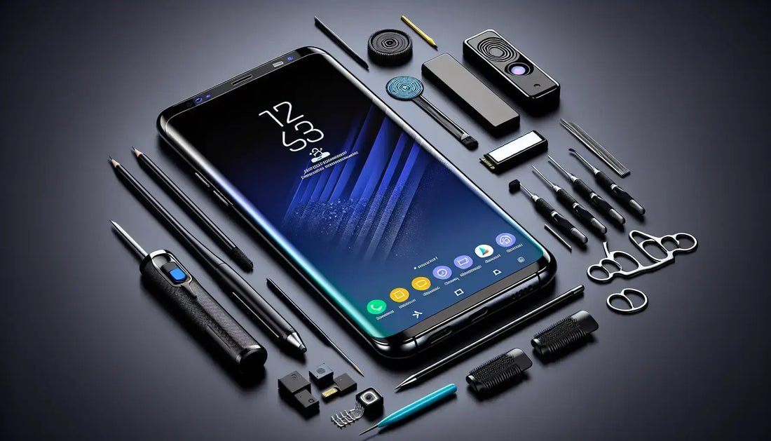 Samsung Galaxy S8 smartphone surrounded by various tools and accessories on a black background.