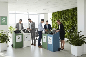 How businesses can reduce e-waste: professionals recycling electronics in a modern office environment.