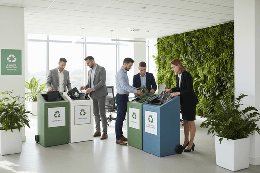 How businesses can reduce e-waste: professionals recycling electronics in a modern office environment.