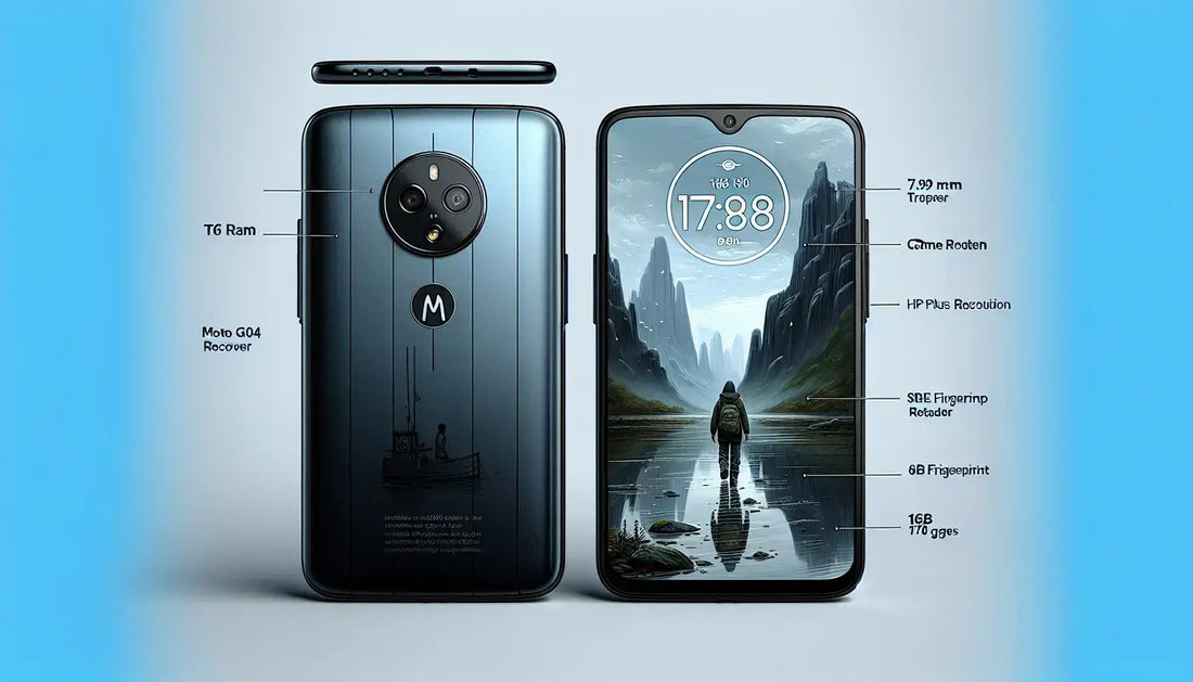 New Moto G04 showcasing its sleek design, 8 GB RAM, and specifications on a vibrant background.