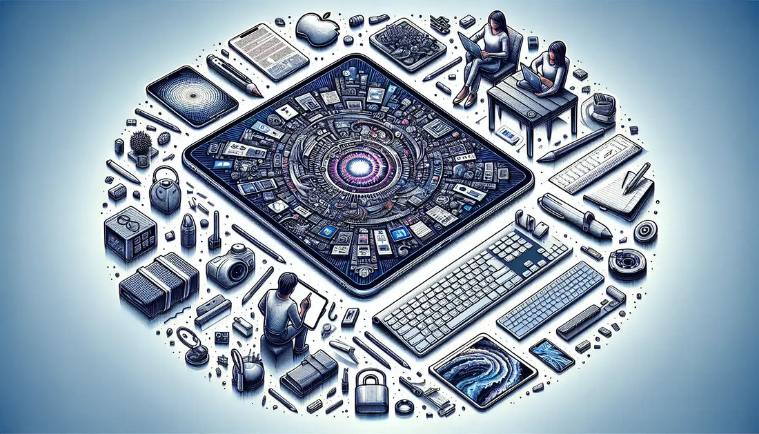 Creative illustration featuring the 12.9-inch iPad Pro surrounded by tech gadgets and accessories.