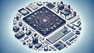 Creative illustration featuring the 12.9-inch iPad Pro surrounded by tech gadgets and accessories.