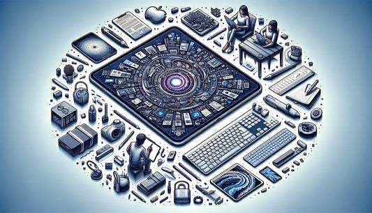 Creative illustration featuring the 12.9-inch iPad Pro surrounded by tech gadgets and accessories.