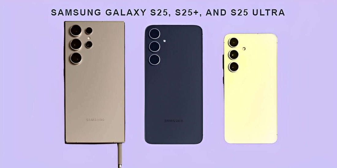Image of Samsung Galaxy S25, S25+, and S25 Ultra smartphones on a colored background.