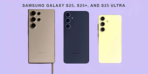 Image of Samsung Galaxy S25, S25+, and S25 Ultra smartphones on a colored background.