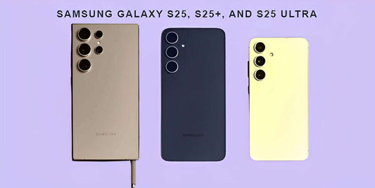 Image of Samsung Galaxy S25, S25+, and S25 Ultra smartphones on a colored background.