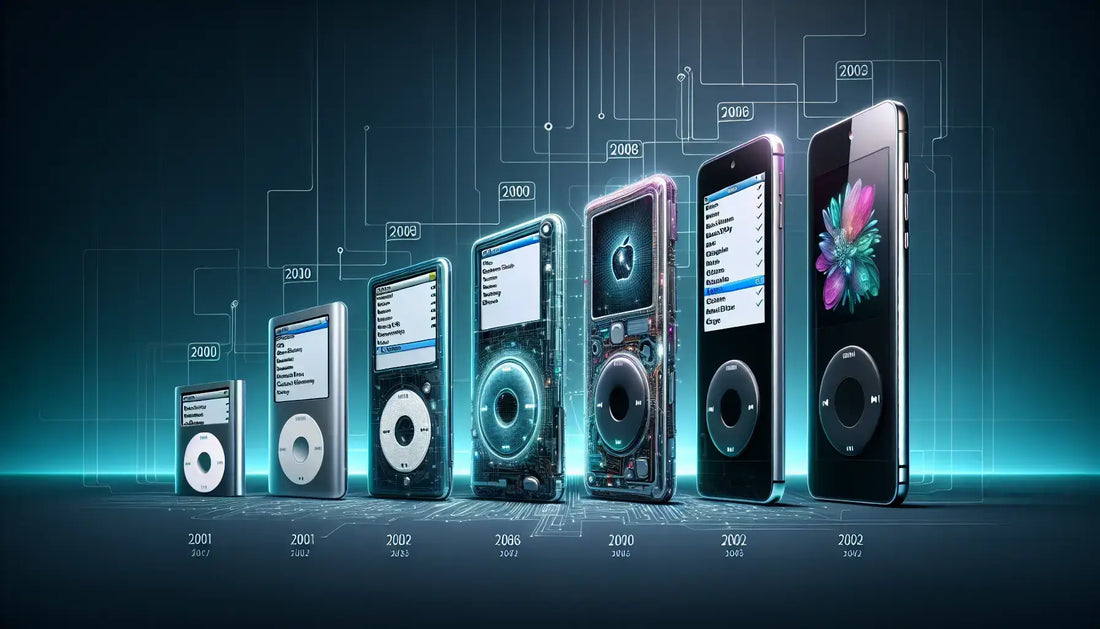 Evolution of the iPod showcasing different models from 2001 to 2015 in a futuristic design.