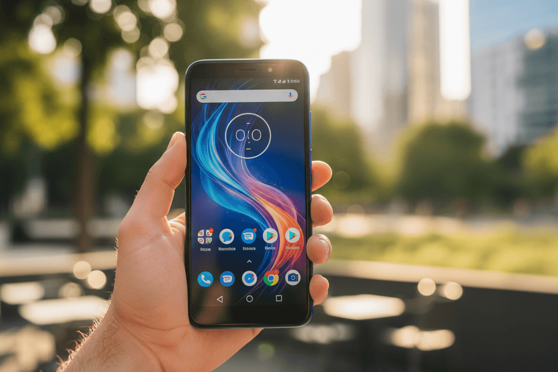 User holding Motorola Moto G smartphone outdoors with city background.