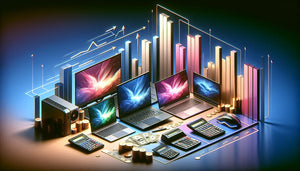 Right Laptop guide featuring laptops, calculators, and graphs for smart buying tips.