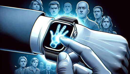 User interacts with Apple Watch Series 9 displaying a glowing hand symbol, surrounded by concerned faces.