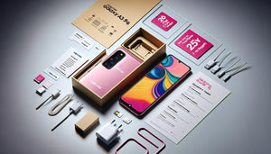Samsung Galaxy A35 5G unboxing with packaging and accessories displayed on a flat surface.