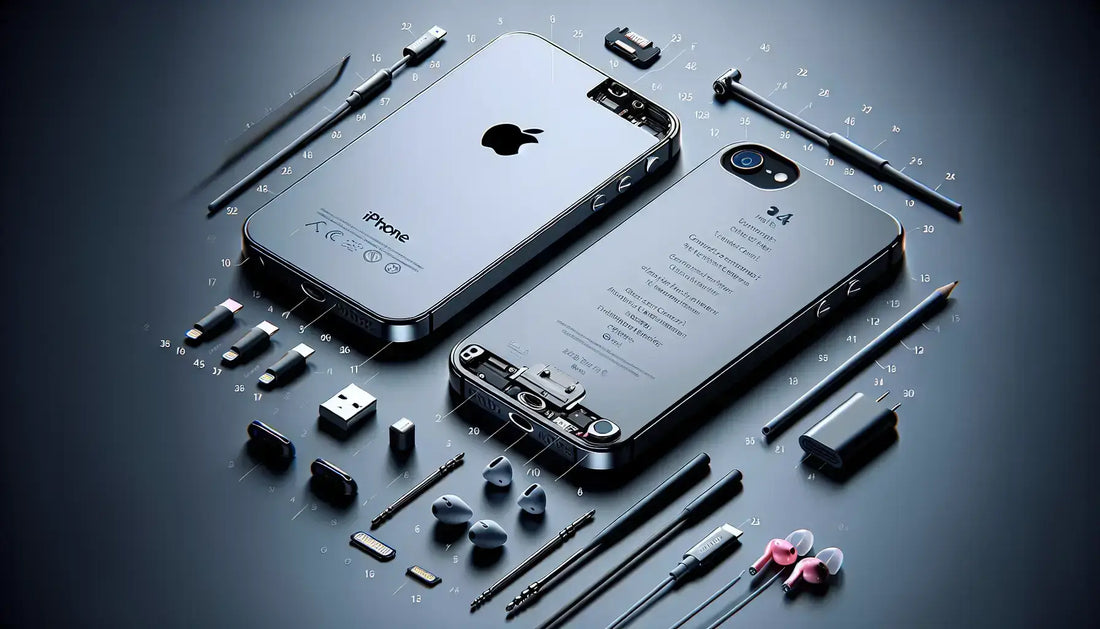 Apple iPhone 5 disassembled with detailed components and tools on a dark background.