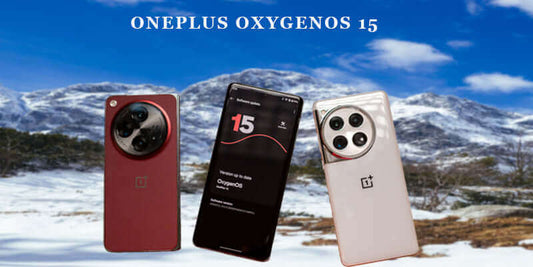 OnePlus OxygenOS 15 smartphones displayed against a scenic mountain snow backdrop.