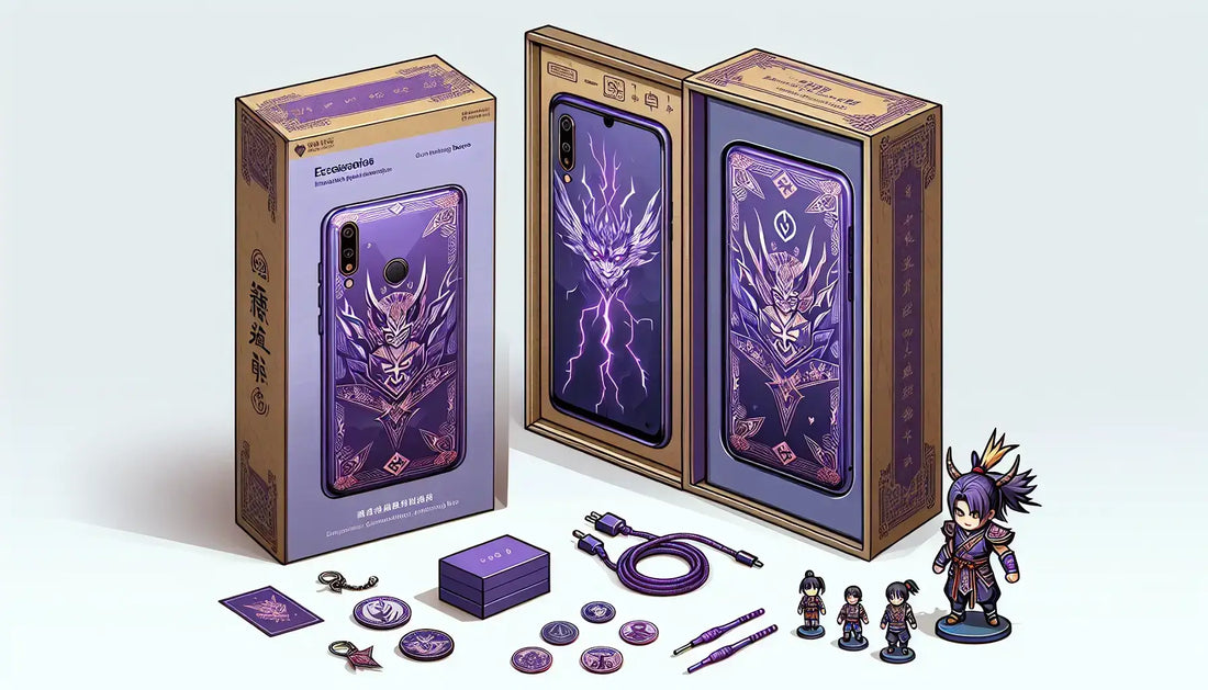 OnePlus 12R Genshin Impact Edition phone and collectibles displayed in unique packaging.