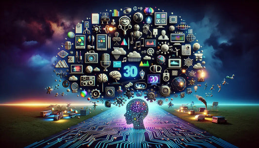 Illustration depicting 30 Majedaar AI Tools with symbols representing technology and creativity.