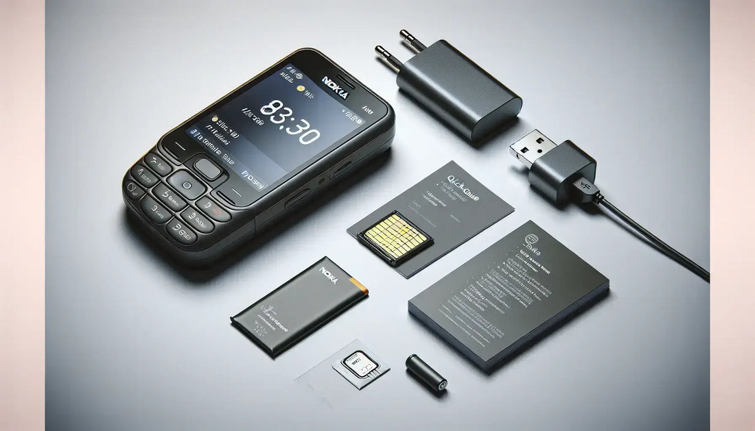 Nokia 6300 4G unboxing with accessories including charger, battery, and SIM card