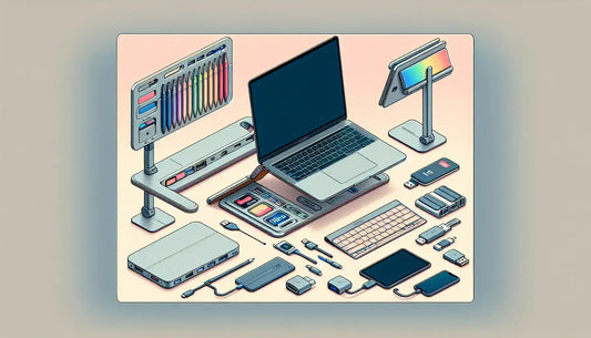 8 Super Useful Laptop gadgets and accessories arranged around a laptop on a colorful background.