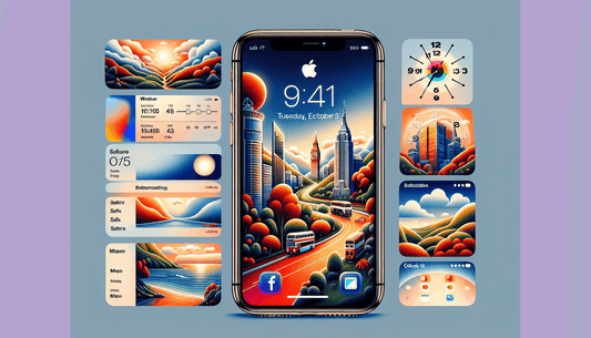 A stylish illustration of an iPhone with iOS 15 features showcased on the screen and widgets around it.