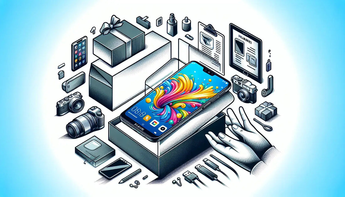 Unboxing the Huawei Y7 Prime 2018 with illustrated accessories and gadgets surrounding the smartphone.