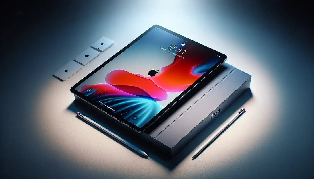 Apple iPad 6th Generation displayed on a sleek box with stylus and accessories, showcasing its elegant design.