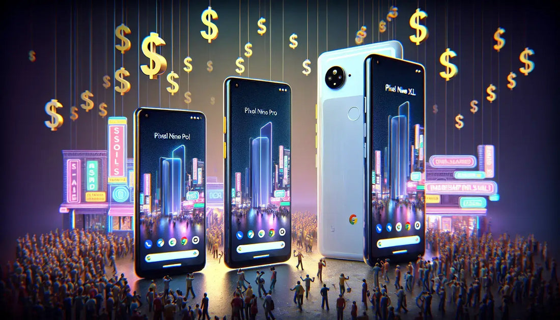 Pixel smartphones showcased with a vibrant cityscape and dollar signs, reflecting rising prices of Pixels.